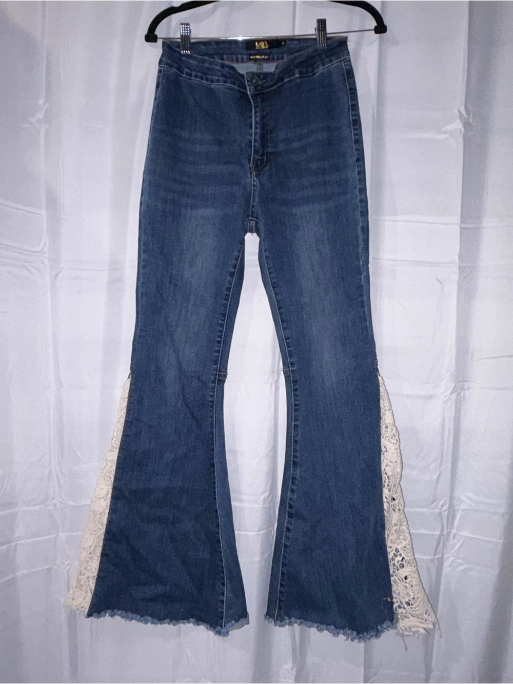 Lucky & Blessed Blue Flare Jeans with Cream Lace Insets